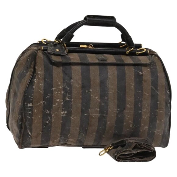 FENDI Pecan Canvas Boston Bag PVC 2way Black Brown Auth ti3018 - Picture 1 of 14